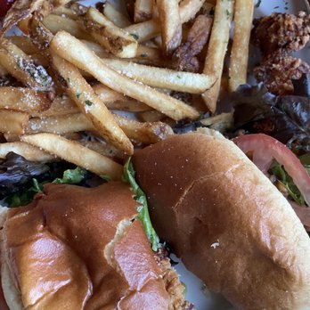 Angry Goldfish Pub And Eatery - Chicken sandwich with parm fries - Pubs Near Me - Des Moines, Iowa Angry Goldfish Pub And Eatery - Chicken sandwich with parm fries - Pubs Near Me - Des Moines, Iowa