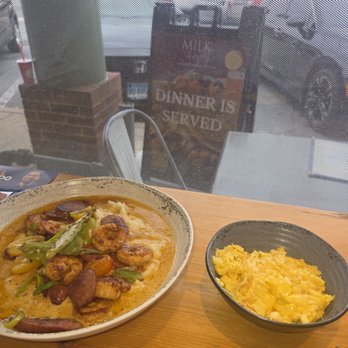 Milk & Honey Southern Inspired Kitchen - Shrimp & grits; eggs & cheese. - Seafood Near Me - Silver Spring, Maryland Milk & Honey Southern Inspired Kitchen - Shrimp & grits; eggs & cheese. - Seafood Near Me - Silver Spring, Maryland