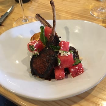 La Sirena - Ancho chile French cut lamb chop on polenta cakes with minted watermelon. La Sirena Special Tonight. Extraordinarily combination of flavors! - Cocktail Bars Near Me - Lubbock, Texas