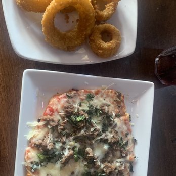 Risky Business - Meatball flatbread, onion rings. - American Near Me - Tucson, Arizona Risky Business - Meatball flatbread, onion rings. - American Near Me - Tucson, Arizona