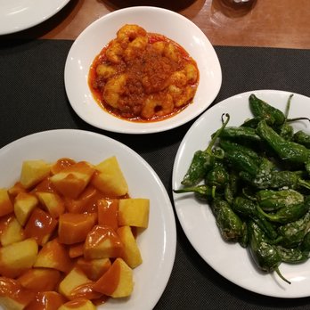 El Tunel - Shrimp (at top), potatoes brava and peppers. At El Tunel in Palma - Tapas Bars Near Me - Palma de Mallorca, PM