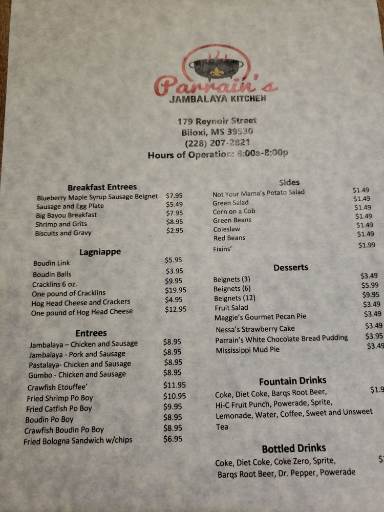 Online Menu of Parrains Jambalaya Kitchen Restaurant, Biloxi