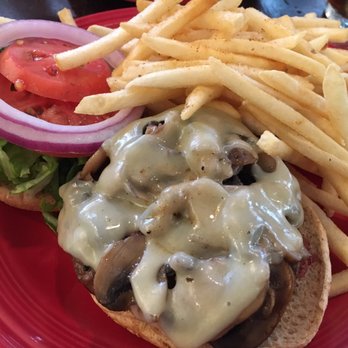 Barnaby's Cafe - Mushroom Swiss Burger with the mountain of fries - American Near Me - Houston, Texas