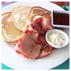 Water Front Restaurant, - Yummy pancakes with bacon and maple syrup