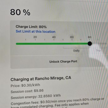 Tesla Supercharger - Charging to 80% total $9.86 - EV Charging Stations Near Me - Rancho Mirage, California Tesla Supercharger - Charging to 80% total $9.86 - EV Charging Stations Near Me - Rancho Mirage, California