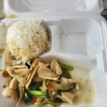 Bangkok - a styrofoam container with rice, chicken, and vegetables - Thai Near Me - Danbury, Connecticut