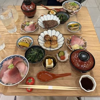 Honzen Japanese Eatery - front: zuke hotate (Hokkaido scallops) with maguro don (bluefin tuna). back: A5 wagyu with standard takikomi gohan - Japanese Near Me - Astoria, New York Honzen Japanese Eatery - front: zuke hotate (Hokkaido scallops) with maguro don (bluefin tuna). back: A5 wagyu with standard takikomi gohan - Japanese Near Me - Astoria, New York