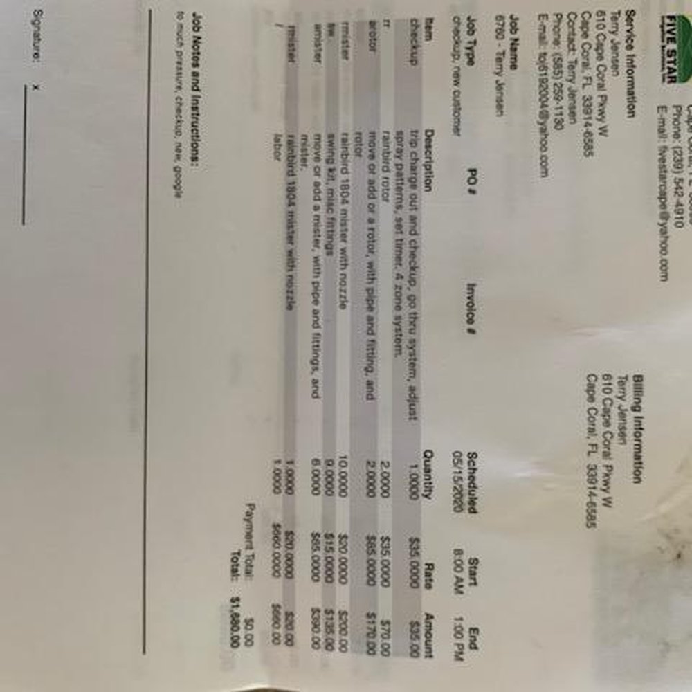 Five Star Irrigation Services - Bill for sprinkler replacement and adjust. $1,690.00 - Irrigation Near Me - Cape Coral, Florida