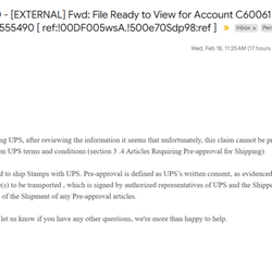UPS email stating they would not process the claim.