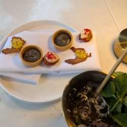 Truth Be Told - Huitlacoche & saffron tart, thin chicken skin w/ an eggy-mustard sauce & caviar pearls, semi-sweet churro w/ gruyere & hot cheeto.