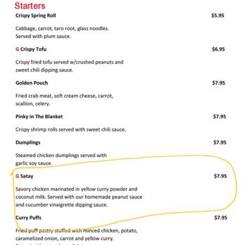 Up Thai - How "Satay" is described in the menu. Not savory at all. - Thai Near Me - Morris Plains, New Jersey