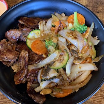 Konnichiwa - Bulgogi Bowl (marinated Korean beef ocer white rice with veggies and white sauce) - Sushi Bars Near Me - Lexington, South Carolina