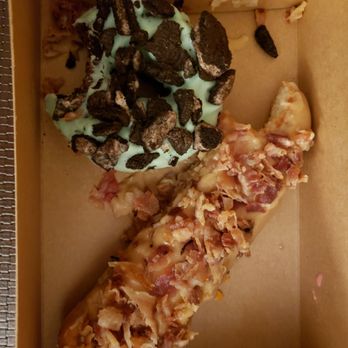 Hurts Donuts - Mint chocolate chips and oreo donut, & maple bacon bar - Donuts Near Me - Little Rock, Arkansas Hurts Donuts - Mint chocolate chips and oreo donut, & maple bacon bar - Donuts Near Me - Little Rock, Arkansas
