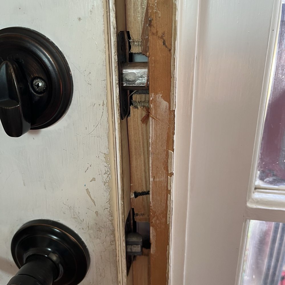 The Response Team - Busted door jam prior to repairs. - Handyman Near Me The Response Team - Busted door jam prior to repairs. - Handyman Near Me