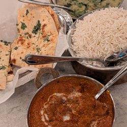 Lamb Tikki Marsala, Palak Dal, Garlic Butter Naan & Rice