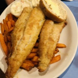 Pan fried walleye, bread, Cole slaw & sweet potato fries. Pan fried walleye, bread, Cole slaw & sweet potato fries.