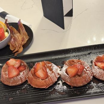 Story - Strawberry shortcake waffle with sides of bacon and fruit - Breakfast & Brunch Near Me - Whittier, California Story - Strawberry shortcake waffle with sides of bacon and fruit - Breakfast & Brunch Near Me - Whittier, California