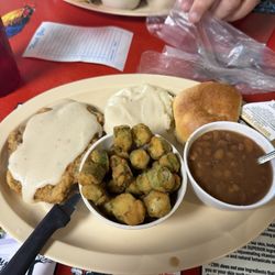 Peggy Sue's Place - Chicken Fried Steak, Fried okra, mashed potatoes and gravy, pinto beans, roll.