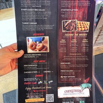 Starbecks Smokehouse - Current back of the menu - Barbeque Near Me - Waterloo, Iowa