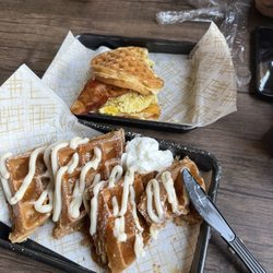 Waffle Stop Cafe - Sammy waffle with bacon and pumpkin cream cheese waffle