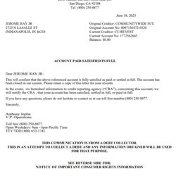 Communitywide Federal Credit Union - This is letting loan or collections that my payment is paid in full months ago. This is Jerome Ray 317-524-8522.