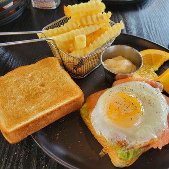 Honey Toast - Toast with avacado, smoked salmon, and eff with french fries and orange slices. - Breakfast & Brunch Near Me - Fairborn, Ohio