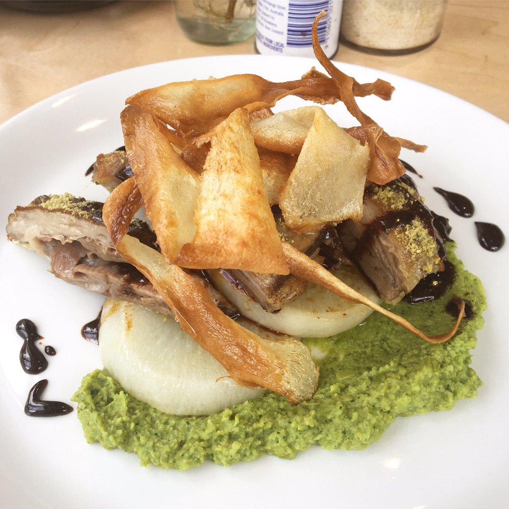 Ben - Thyme glazed lamb ribs on a bed of mushy pea purée with crispy parsnip chips, roasted turnip and carob sauce - Cafes Near Me - Balwyn Victoria, ACT