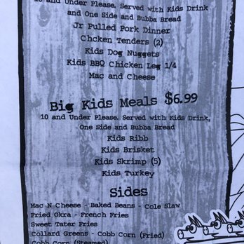 BubbaQue's - The kids' menu. Not mentioned is that the kids' meal comes with a package of 2 Oreos! - Barbeque Near Me - Sun City Center, Florida BubbaQue's - The kids' menu. Not mentioned is that the kids' meal comes with a package of 2 Oreos! - Barbeque Near Me - Sun City Center, Florida