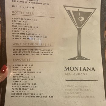 Montana Restaurant - Drink menu - American Near Me - Stephenville, Texas Montana Restaurant - Drink menu - American Near Me - Stephenville, Texas