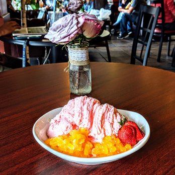 Tea Fusion Cafe - Strawberry shaved ice cream with passion fruit jelly and mango popping pearls - Desserts Near Me - Charlotte, North Carolina Tea Fusion Cafe - Strawberry shaved ice cream with passion fruit jelly and mango popping pearls - Desserts Near Me - Charlotte, North Carolina