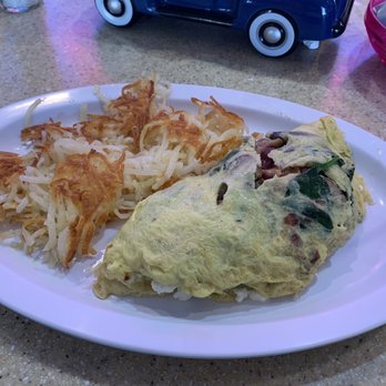 Rick's Diner - Spinach and feta omelette with bacon and mushrooms. Hashbrowns crisped to perfection! - Diners Near Me - Port St Lucie, Florida Rick's Diner - Spinach and feta omelette with bacon and mushrooms. Hashbrowns crisped to perfection! - Diners Near Me - Port St Lucie, Florida