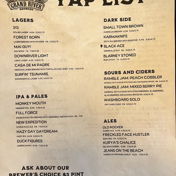 Grand River Brewery - Jackson - The tap list; we do not drink, so I cannot speak to the menu/taste - American Near Me - Jackson, Michigan Grand River Brewery - Jackson - The tap list; we do not drink, so I cannot speak to the menu/taste - American Near Me - Jackson, Michigan