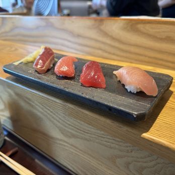 Sushi Kashiba - Tuna spread right to left: albacore, blue fin, blue fin toro, blue fin zuke - Japanese Near Me - Seattle, Washington Sushi Kashiba - Tuna spread right to left: albacore, blue fin, blue fin toro, blue fin zuke - Japanese Near Me - Seattle, Washington