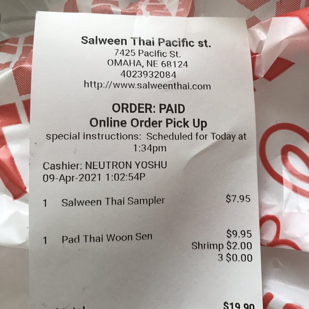 Salween Thai - Proof of purchase - The service here was so terrible that I had to go to the counter & get the food myself because I was ignored by staff. - Thai Near Me - Omaha, Nebraska Salween Thai - Proof of purchase - The service here was so terrible that I had to go to the counter & get the food myself because I was ignored by staff. - Thai Near Me - Omaha, Nebraska