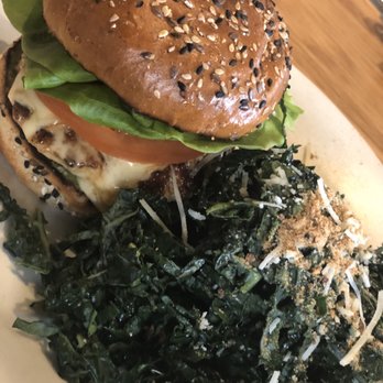 True Food Kitchen - Turkey Burger on Flaxseed bun with kale salad side - New American Near Me - Boca Raton, Florida