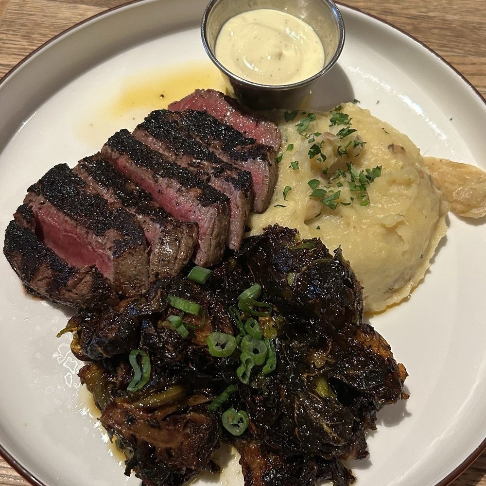 HG Sply - Steak, CRISPY BRUSSELS SPROUTS, MASHED POTATOESmashed - American Near Me - Dallas, Texas HG Sply - Steak, CRISPY BRUSSELS SPROUTS, MASHED POTATOESmashed - American Near Me - Dallas, Texas