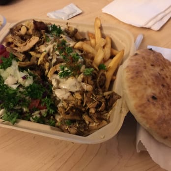 Falafel Stop - Shuwarma served on a plate w/ Israeli salad, hummus, fries, and side of pita - Falafel Near Me - Sunnyvale, California