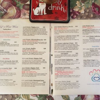 Woof'n Rose Winery and Vineyard - Wine bottle menu - Wineries Near Me - Ramona, California