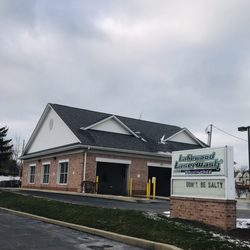 Lakewood LaserWash - Front view. Entrance is on the far right. There are two lanes for the car wash.