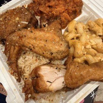 Cali Peaches Cuisine - Baked chicken (couldn't wait to try it) with Mac & Cheese and Candy Yams - Soul Food Near Me - Lancaster, California