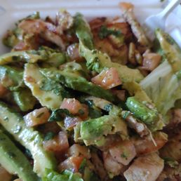 Grilled chicken avocado salad plenty of chicken and avocado, however I did need to pick out some pretty wilted lettuce at the bottom.