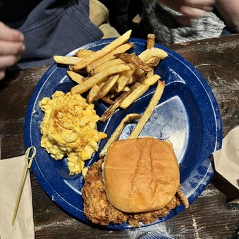 Dinosaur Bar-B-Que - Chicken sandwich with fries and Mac & Cheese - Barbeque Near Me - Troy, New York Dinosaur Bar-B-Que - Chicken sandwich with fries and Mac & Cheese - Barbeque Near Me - Troy, New York
