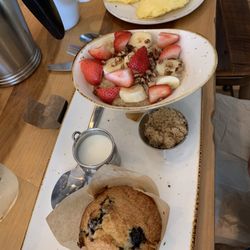 First Watch - Oatmeal, eggs, and a blueberry muffin