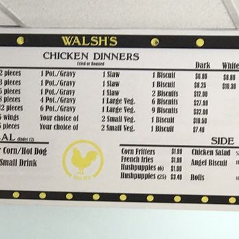 Walsh's Chicken - Partial menu board - Southern Near Me - Martinsville, Virginia Walsh's Chicken - Partial menu board - Southern Near Me - Martinsville, Virginia