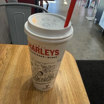 Charleys Cheesesteaks - Drink cup with hot beverage lid, I don't know why they put that type of lid - Cheesesteaks Near Me - Covina, California