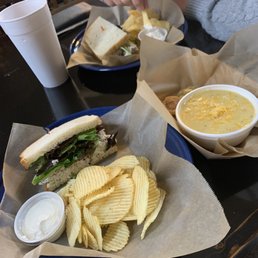 Chicken salad sandwich, potato soup, chips and dip Chicken salad sandwich, potato soup, chips and dip