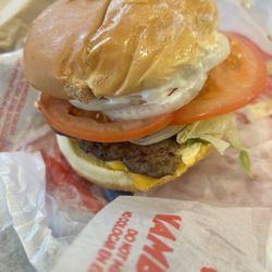 Wendy's - Most will skimp on tomatoes and onions; looks healthier. 2 of these are the same price as 1 Freddies, both less than 1-5 Guys.