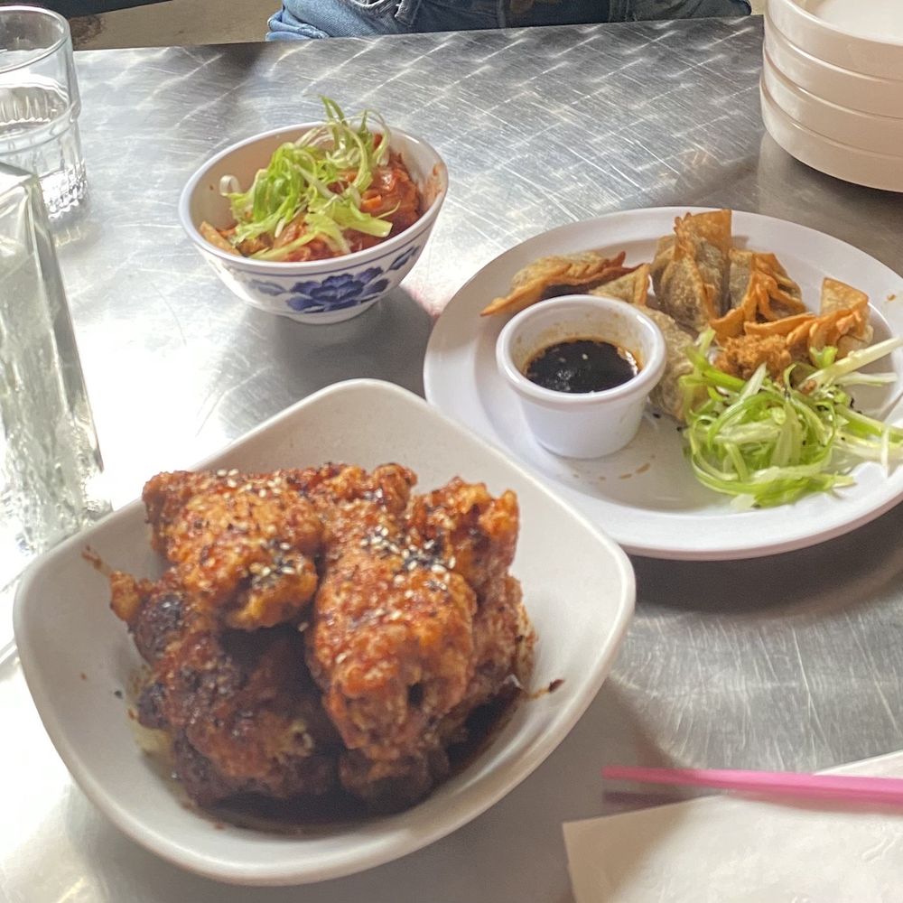 Toki Underground - Pan fried pork dumplings, kimchi & sesame wings. (Wings weren't on the menu, they were a special that day) - Ramen Near Me - Baltimore, Maryland