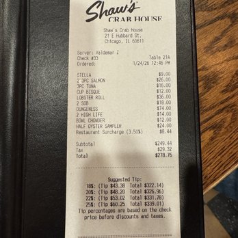 Shaw's Crab House - Receipt - Seafood Near Me - Chicago, Illinois Shaw's Crab House - Receipt - Seafood Near Me - Chicago, Illinois