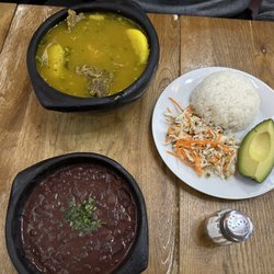 La Fonda - Sancocho, beans, rice plate with avocado and Colombian coleslaw.